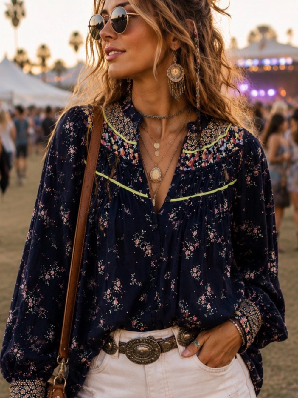 Free People Paloma Floral BlackYellow Boho Womens‎ Blouse Like New Cottagecore